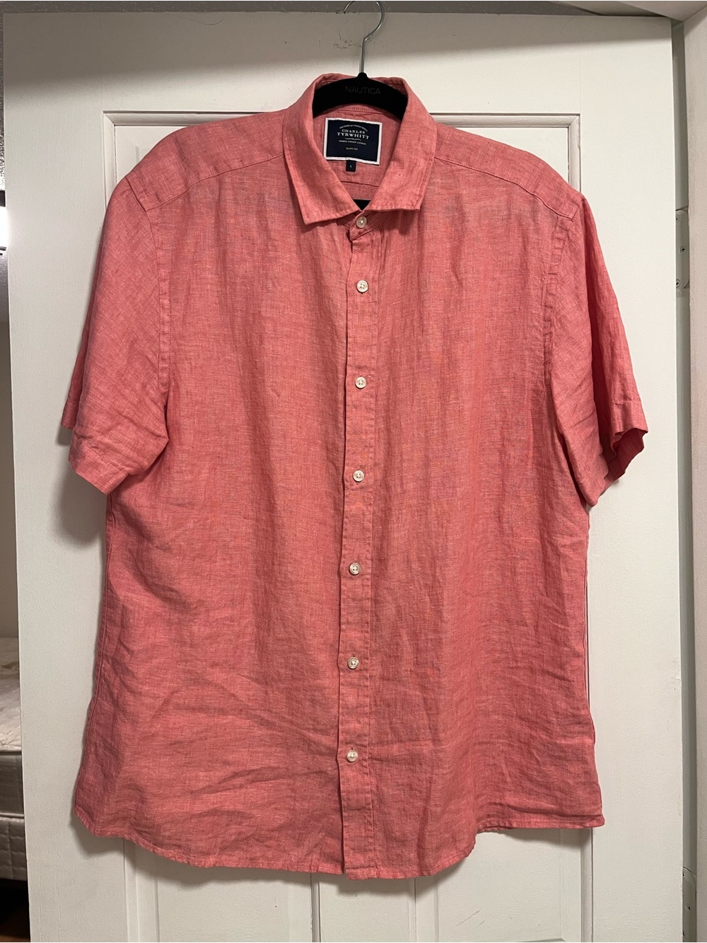NWOT Charles Tyrwhitt Pink Salmon Pure Linen Short Sleeve Shirt Slim Fit Large